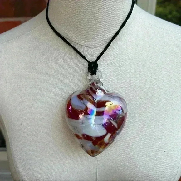 Artisan Blown  Glass Heart Pendant Choker medallion cord necklace - Picture 1 of 7